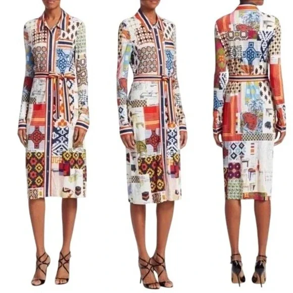 Tory Burch Womens L Silk Blend Laurence Scrapbook Belted Shirtdress - Picture 1 of 16